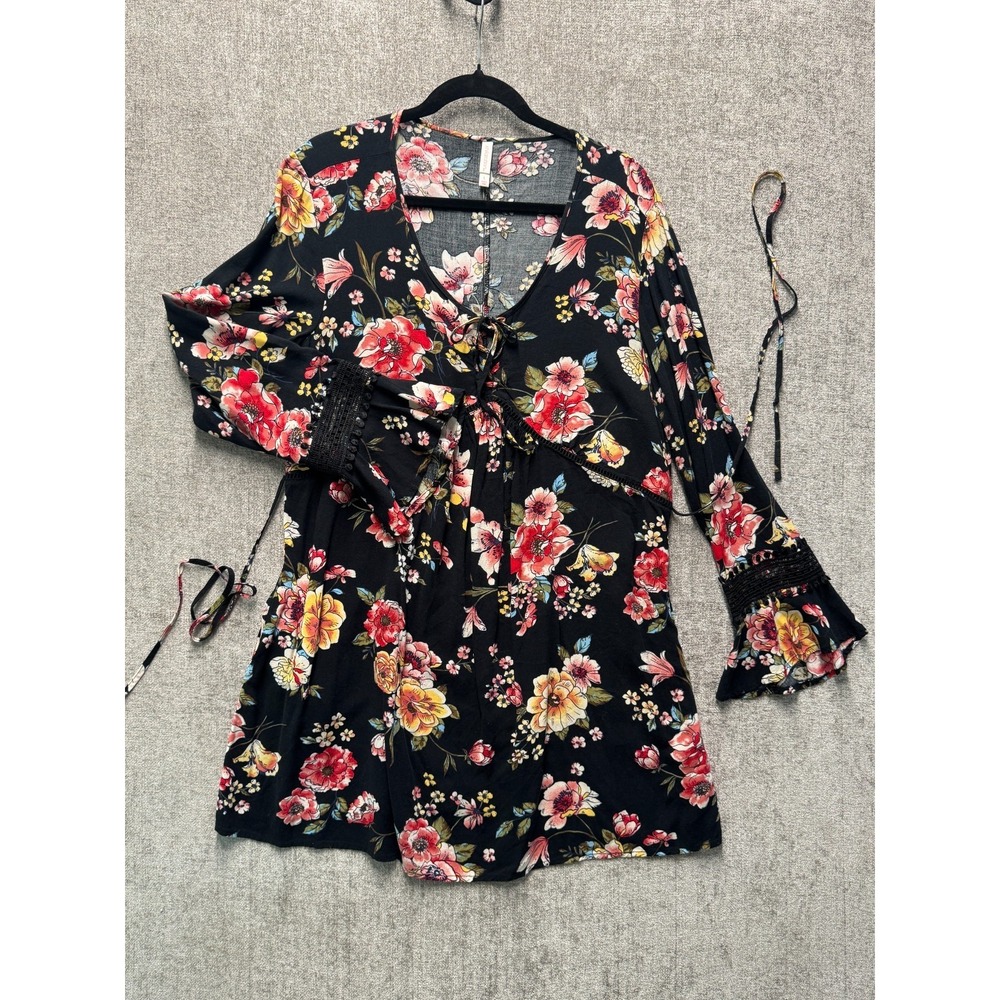 Xhilaration Boho Floral Peasant Top Bell Sleeve Tie Front Black Womens L